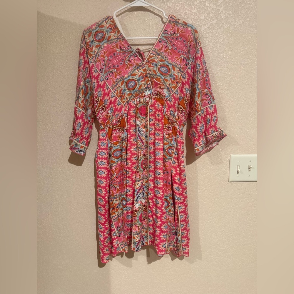 Boho Paisley Mini Dress Pink Orange Flowy V Neck Small